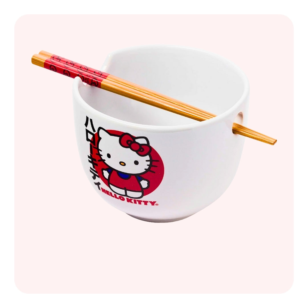 Hello Kitty Ceramic Bowl With Chopsticks - Blanco