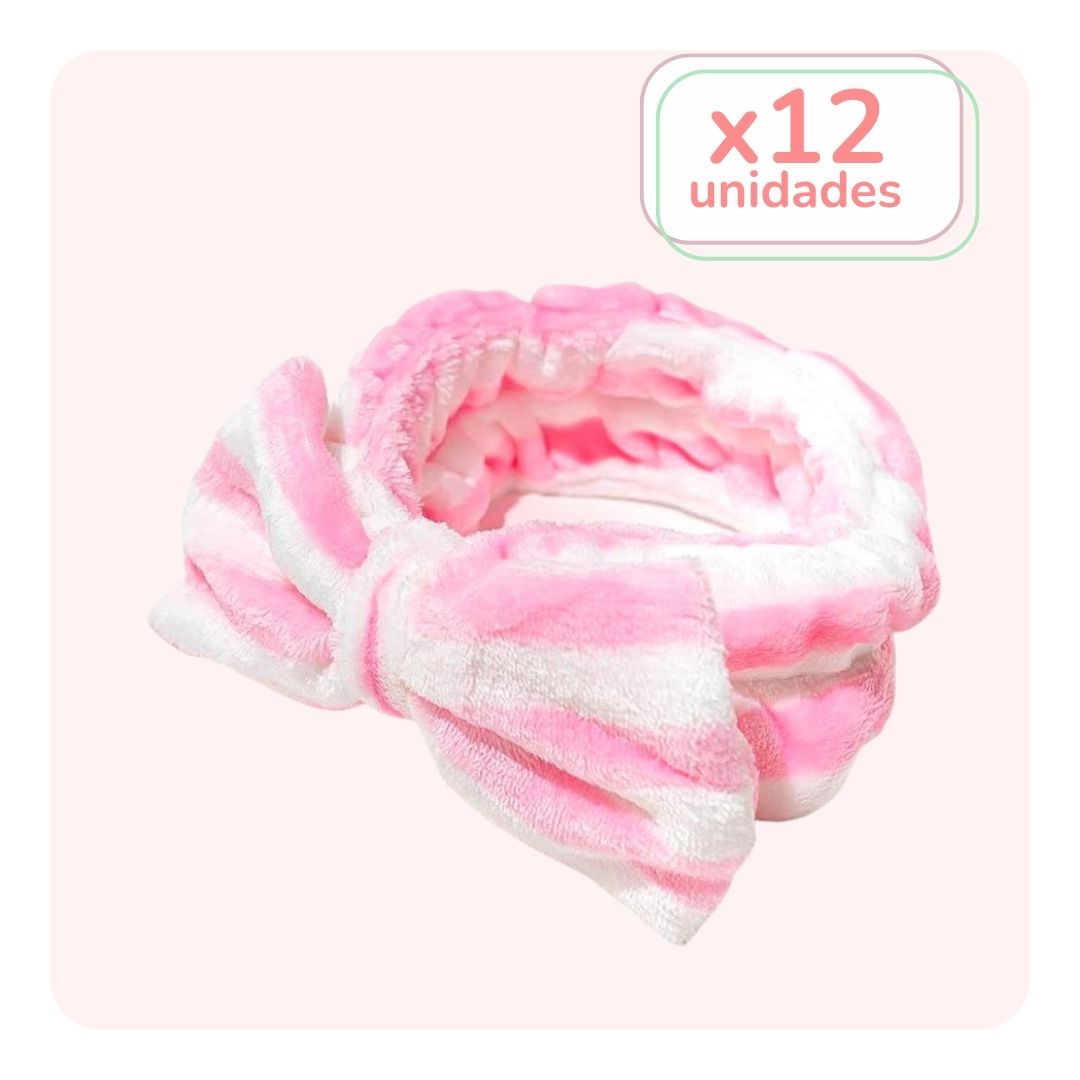 Pack 12 Cintillos Make Up Bow Rayas Blanco y Rosa
