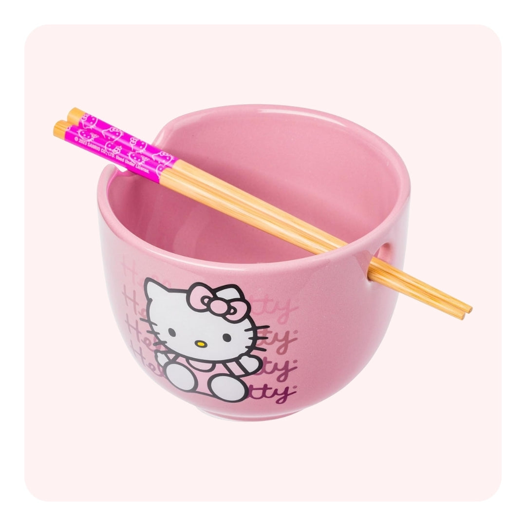 Hello Kitty Ceramic Bowl With Chopsticks - Rosado