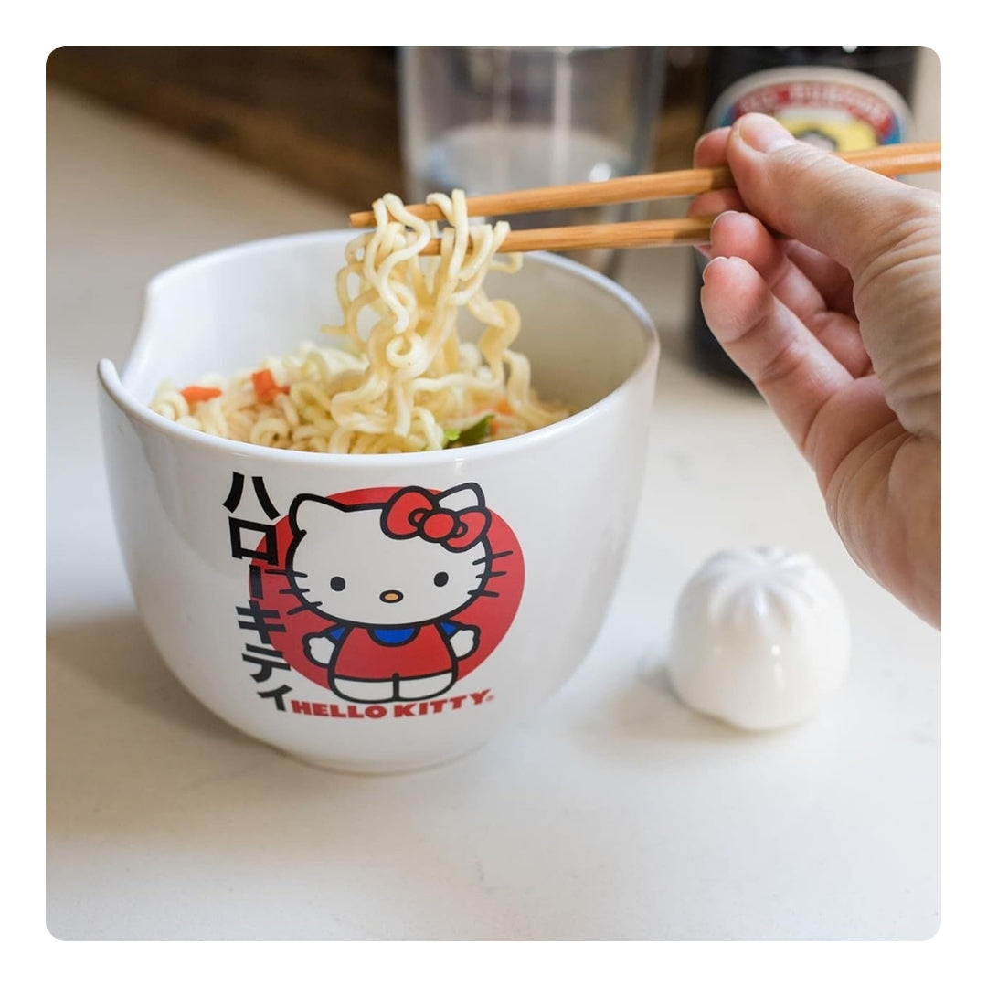 Hello Kitty Ceramic Bowl With Chopsticks - Blanco
