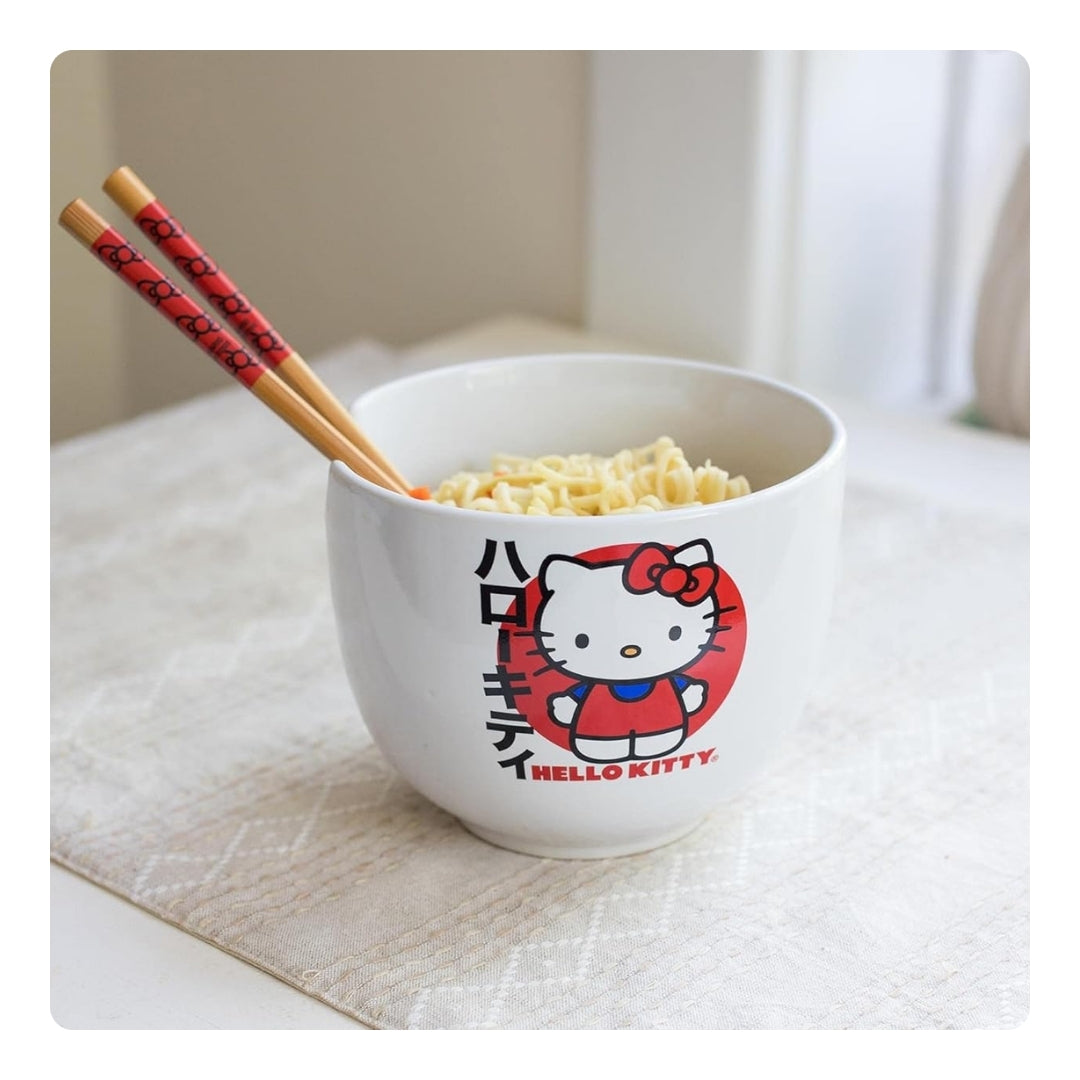 Hello Kitty Ceramic Bowl With Chopsticks - Blanco